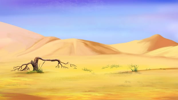 Desert landscape with yellow Sand dunes under blue sky. Digital Painting Background, Illustration.