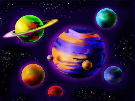 Fairy tale Planets in space. Digital Painting Background, Illustration.