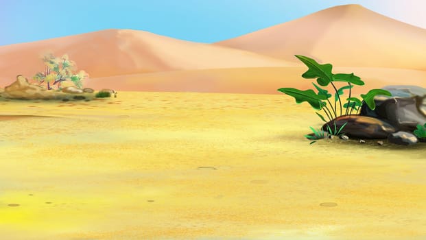 Desert landscape with yellow Sand dunes under blue sky. Digital Painting Background, Illustration.