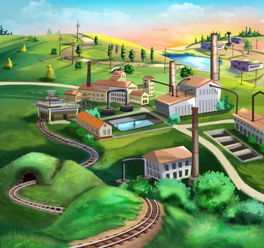 Industrial enterprise, factory in the countryside on a sunny day. Digital Painting Background, Illustration.