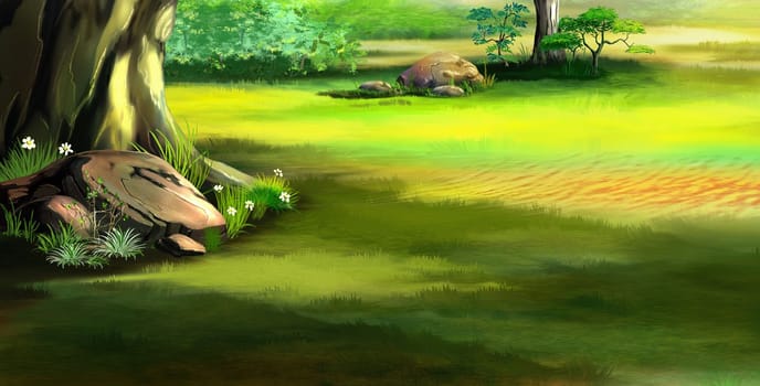 Green grass in the forest on a sunny day. Digital Painting Background, Illustration.