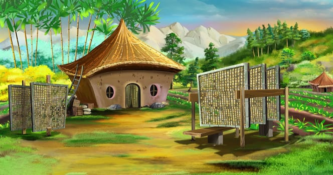 Chinese peasant hut on a sunny summer day. Digital Painting Background, Illustration.