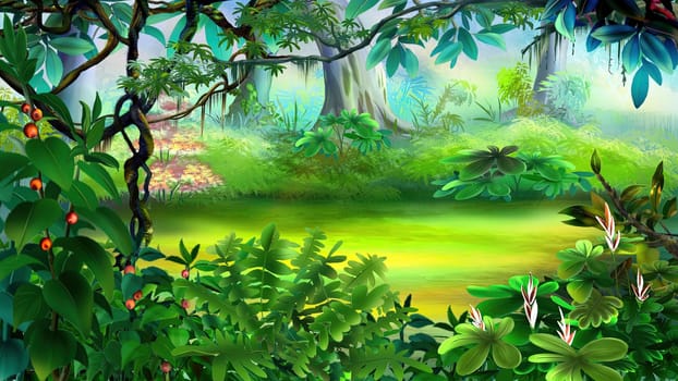 Rainforest plants on a sunny day. Digital Painting Background, Illustration.