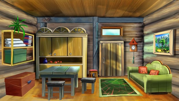 Interior of the fairy tale gnome house. Digital Painting Background, Illustration.