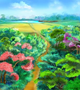 Road to the lake through the forest on a sunny summer day. Digital Painting Background, Illustration.