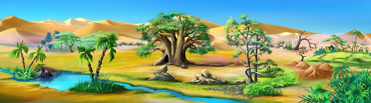 African landscape with plants near a river on a sunny day. Digital Painting Background, Illustration.