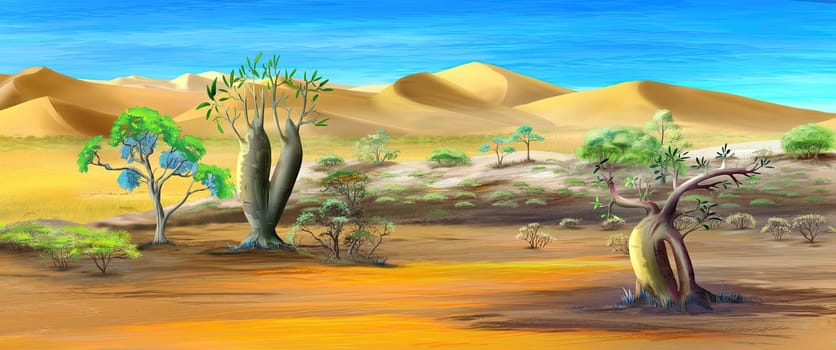 African savannah landscape with baobab trees on a hot sunny day. Digital Painting Background, Illustration.