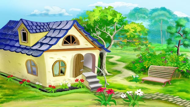 Fairy tale gnome house in a garden on a sunny day. Digital Painting Background, Illustration.