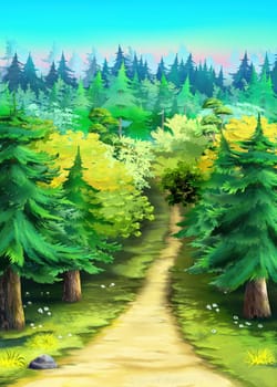 Dirt Road through the forest on a sunny summer day. Digital Painting Background, Illustration.