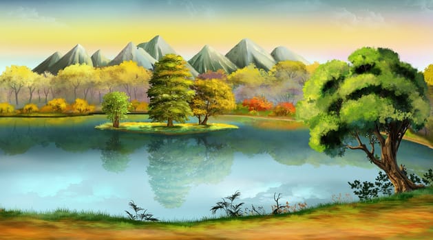 Lake in the mountains surrounded by autumn forest. Digital Painting Background, Illustration.