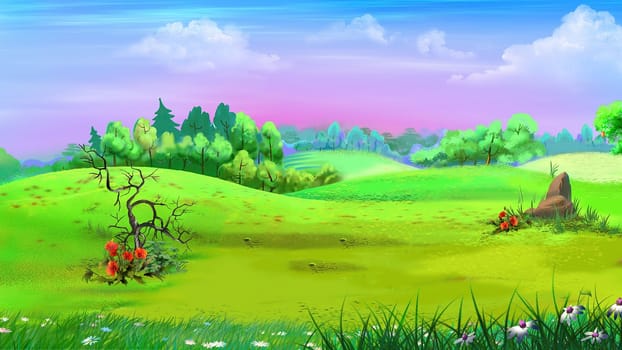 Pink sky over a green field on a sunny summer day. Digital Painting Background, Illustration.