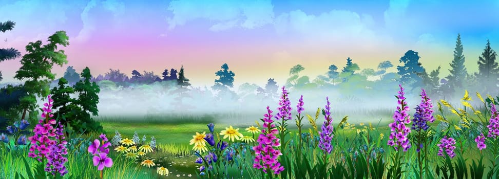 Wild flowers against the background of morning mist. Digital Painting Background, Illustration.