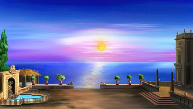 Colorful dawn over the sea. View from the park. Digital Painting Background, Illustration.