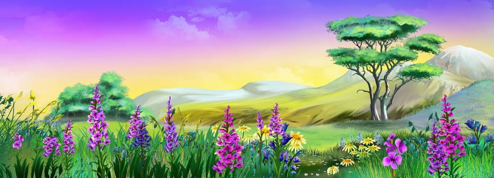 Wild flowers against the background of mountains. Digital Painting Background, Illustration.