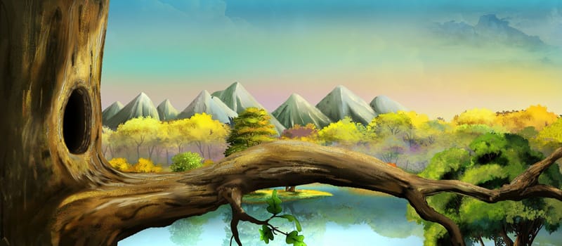 A hollow in a tree against the backdrop of mountains on a sunny day. Digital Painting Background, Illustration.