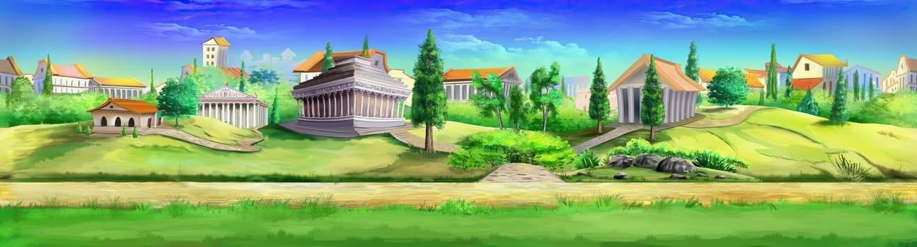 Ancient city panoramic view on a sunny day. Digital Painting Background, Illustration.