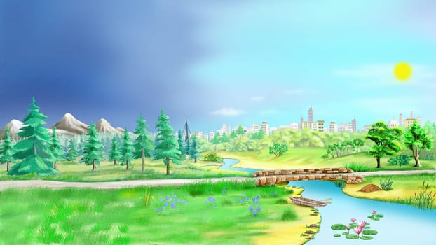 View of the bridge over the river against the backdrop of the countryside on a sunny summer day. Digital Painting Background, Illustration.