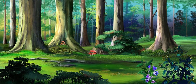 Forest plants under the trees on a sunny summer day. Digital Painting Background, Illustration.