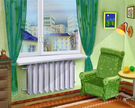 Armchair by the window in the room at day. Digital Painting Background, Illustration.