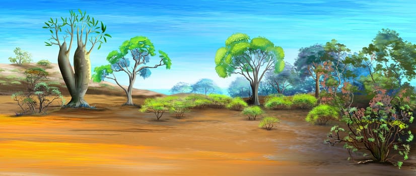 Australian bottle tree in the nature on a sunny day. Digital Painting Background, Illustration.