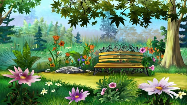 Wooden bench in the garden on a sunny summer day. Digital Painting Background, Illustration.