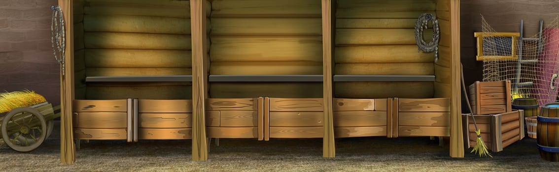 Wooden Stable at the ranch indoors. Digital Painting Background, Illustration.
