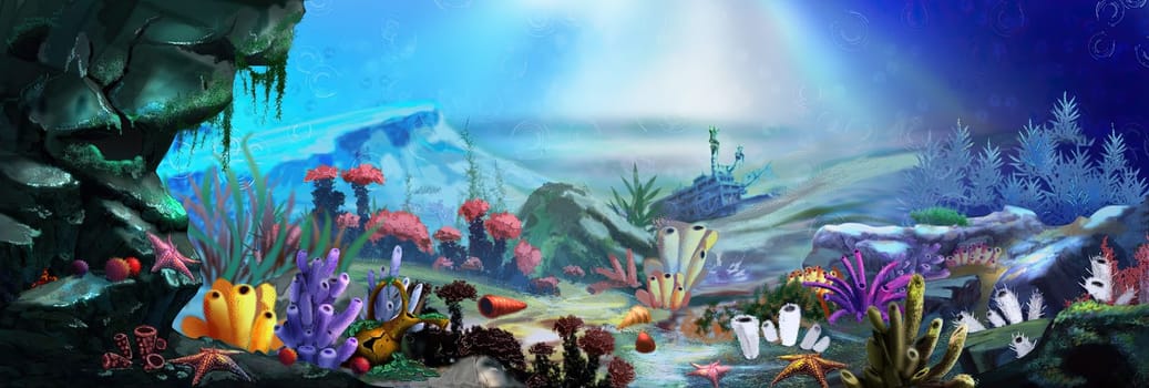 Sea floor with seaweed and corals. Digital Painting Background, Illustration.