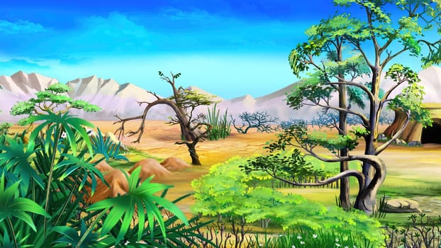 Oasis plants in desert area near a mountains at the hot summer day. Digital Painting Background, Illustration.