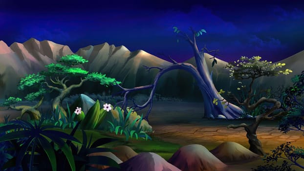 Oasis plants in desert area near a mountains at the hot summer night. Digital Painting Background, Illustration.