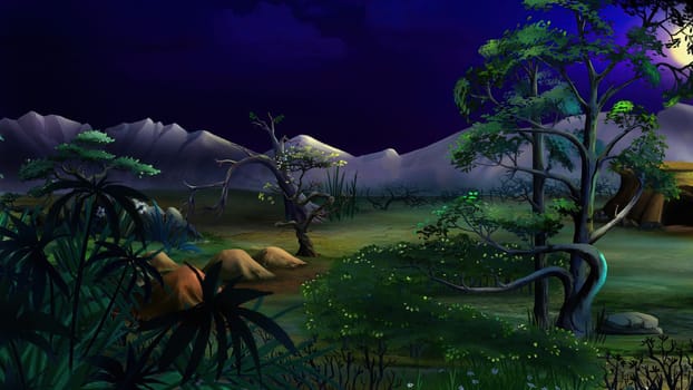 Oasis plants in desert area near a mountains at the hot summer night. Digital Painting Background, Illustration.