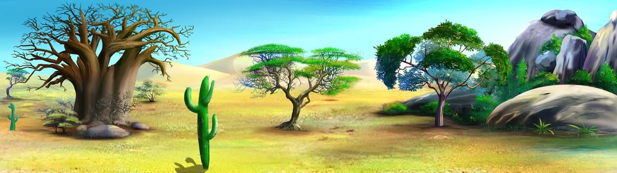 African Savannah landscape with trees and rocks on a sunny day. Digital Painting Background, Illustration.