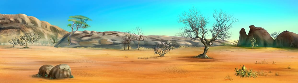 African Savannah landscape with lonely tree on a sunny day. Digital Painting Background, Illustration.