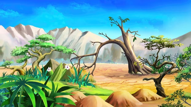 African Savannah landscape on a sunny day with trees and mountains on background. Digital Painting, Illustration.