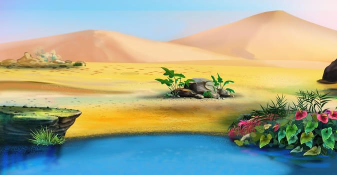 Lake and plants in an oasis in the middle of the desert on a hot day. Digital Painting Background, Illustration.