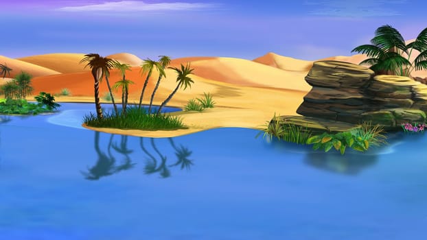 Lake and plants in an oasis in the middle of the desert on a hot day. Digital Painting Background, Illustration.