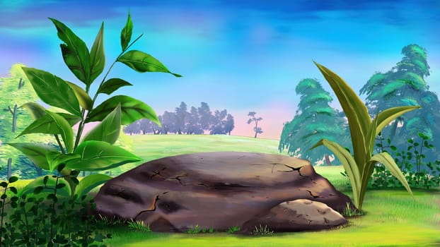 Big stone and green grass in the meadow on a sunny day. Digital Painting Background, Illustration.