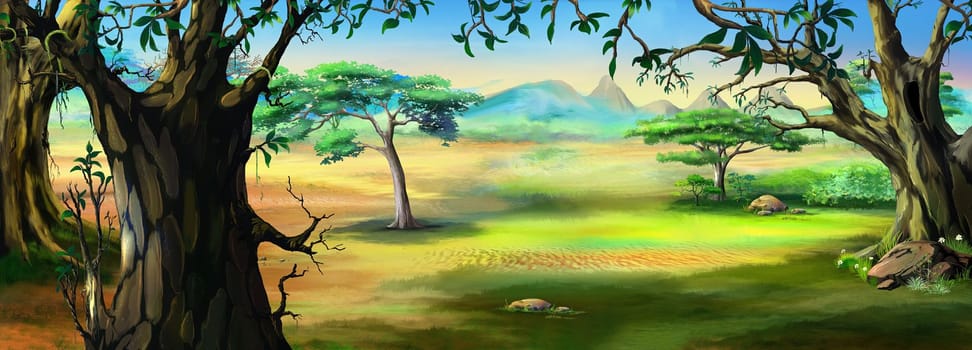 Trees on the edge of the forest against the backdrop of mountains on a sunny day. Digital Painting Background, Illustration.