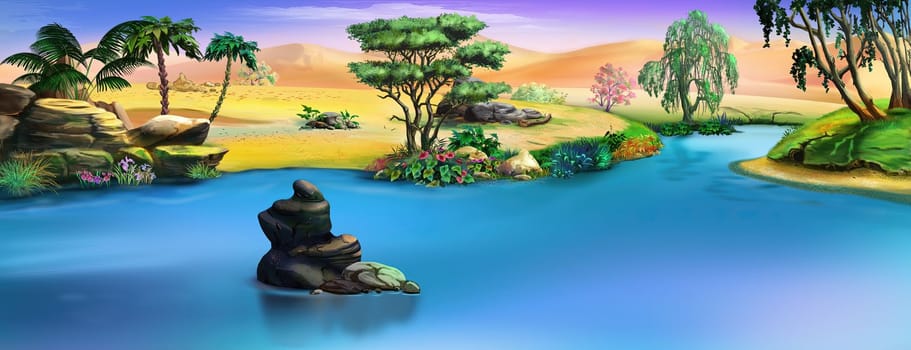 Lake and plants in an oasis in the middle of the desert on a hot day. Digital Painting Background, Illustration.