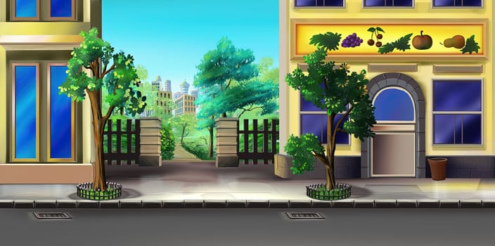 Houses on the street of a small town on a sunny day. Digital Painting Background, Illustration.