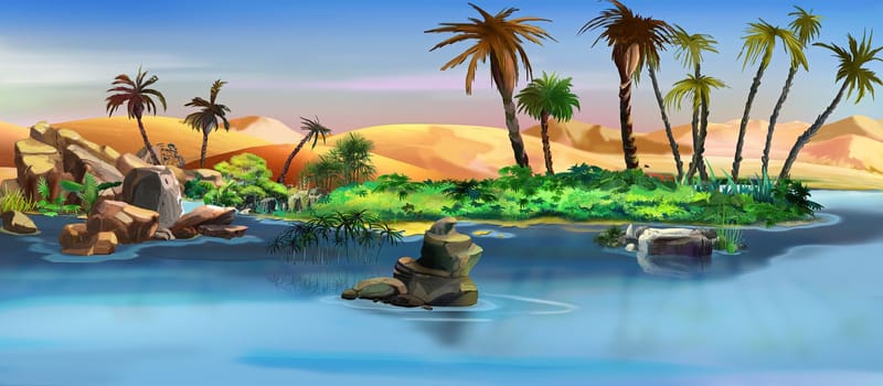 Lake and plants in an oasis in the middle of the desert on a hot day. Digital Painting Background, Illustration.