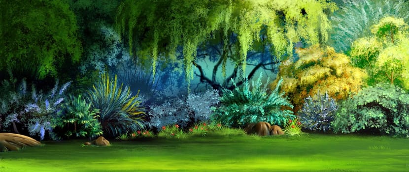 Green plants and trees in the tropical forest on a sunny day. Digital Painting Background, Illustration.