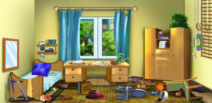 Mess in the child's room on a summer day. Digital Painting Background, Illustration.