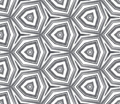 Striped hand drawn pattern. Black symmetrical kaleidoscope background. Repeating striped hand drawn tile. Textile ready memorable print, swimwear fabric, wallpaper, wrapping.