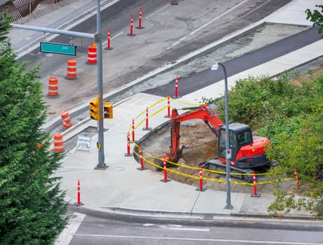 City improvements construction works on a street of Vancouver, Canada.