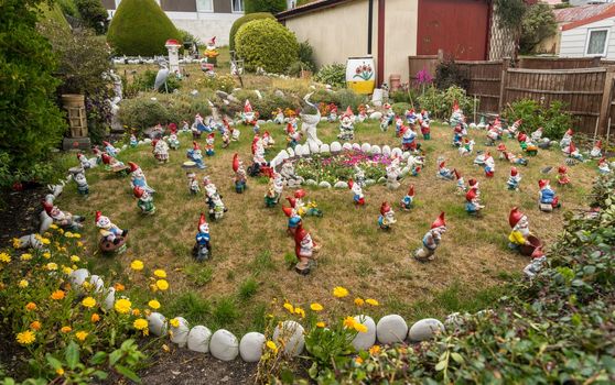 Stanley, Falkland Islands - 31 January 2023: The Gnome Garden in the town of Stanley