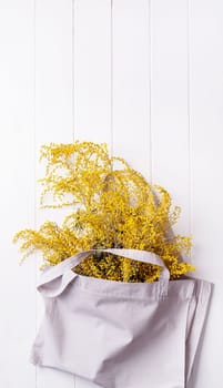 Frame of yellow mimosa flowers in shopping bag bouquet on wooden solid bakground. Spring concept. Flat lay. Top view, banner