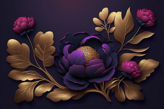 Luxury floral botanical 3d dark background design with copy space in plum, violet, magenta, gold colors for greeting card, invitation, beauty products, fashion, template banner. AI generated.