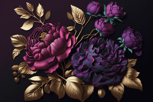 3d flowers and leaves dark background design in plum, violet, magenta, gold. Luxury floral botanical pattern for greeting card, invitation, beauty products, fashion, template banner. AI generated.