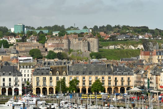 DIEPPE, FRANCE - MAY 12, 2022: Top view from above to the city of Dieppe and the castle