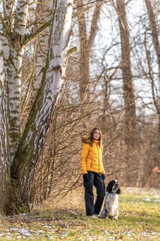 teenager in the park with a dog. english setter. High quality photo